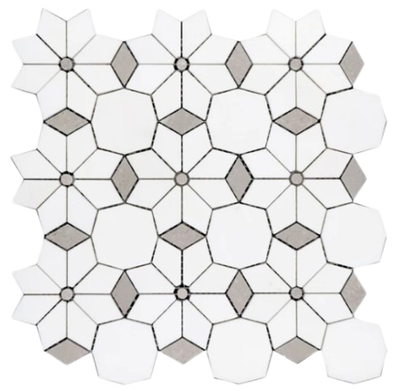 Thassos & Grey Waterjet Marble Mosaic - Diamond Flower - Polished