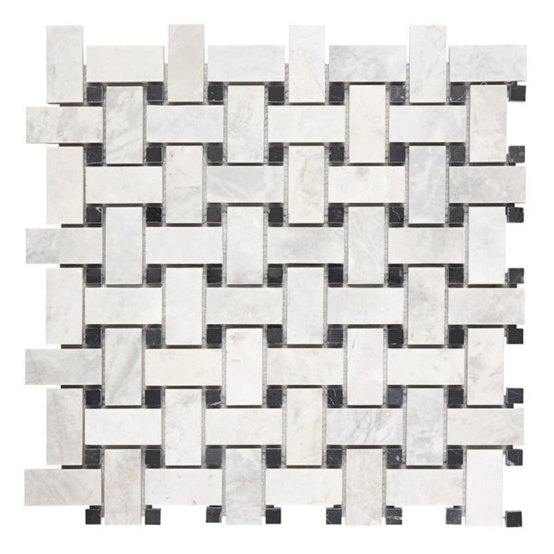 Bianco Congelato Dolomite Basket Weave Mosaic with Black Dots, Leather