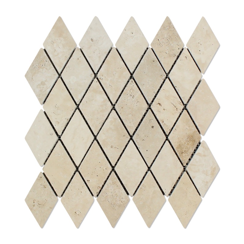 Ivory Cross Cut Travertine Mosaic - 2" X 4" Diamond - Tumbled