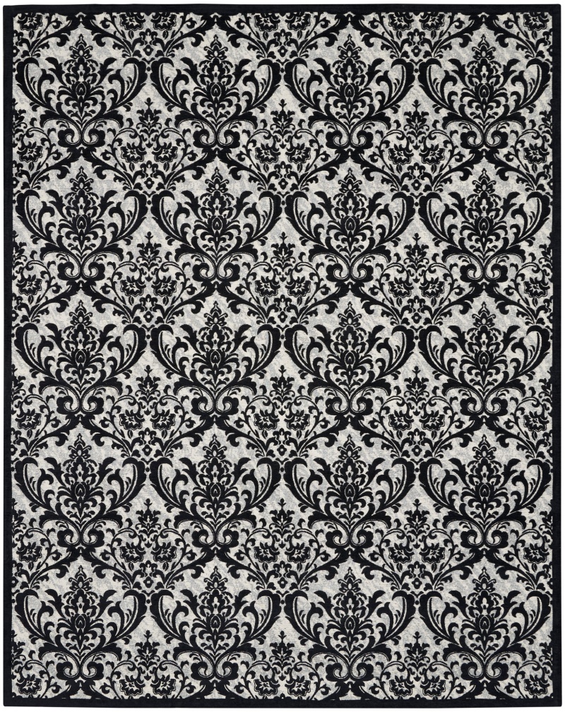 Damask Das02 Black / White Polyester Vintage Area Rug