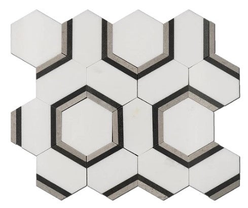 Thassos, Grey & Basalt Waterjet Marble Mosaic - Hexagon Combo Interlock - Polished