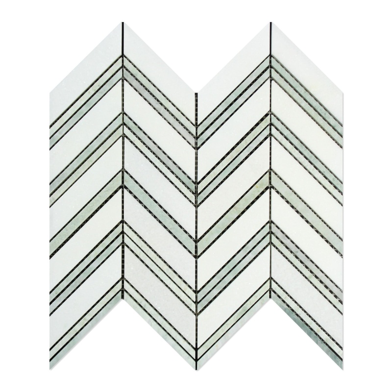 Thassos White Marble Mosaic - Large Chevron With Ming Green