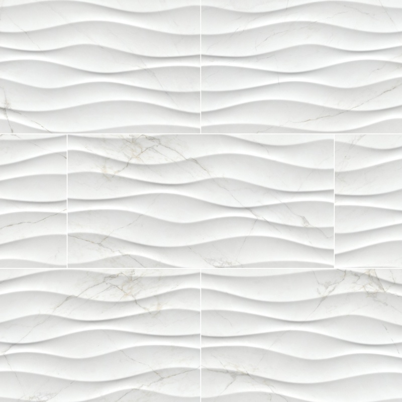 Dymo Calacatta Wavy White Glossy Ceramic Tile, 12" x 24"