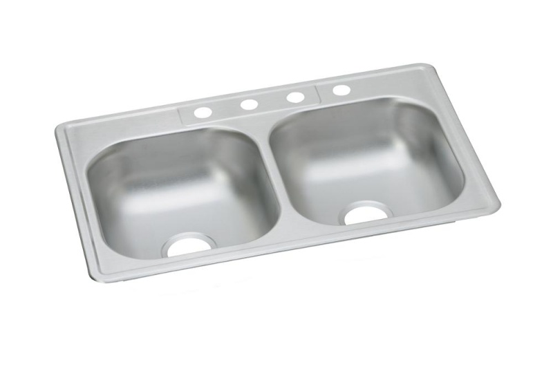 D233214 Dayton Stainless Steel Drop In Double Bowl Kitchen Sink - 33" X 21 1/4" X 6 9/16" With 4 Holes - Stainless Steel