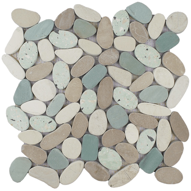 Terrazzo White Green Tan Natural Stone Mosaic - Pebble - Matte