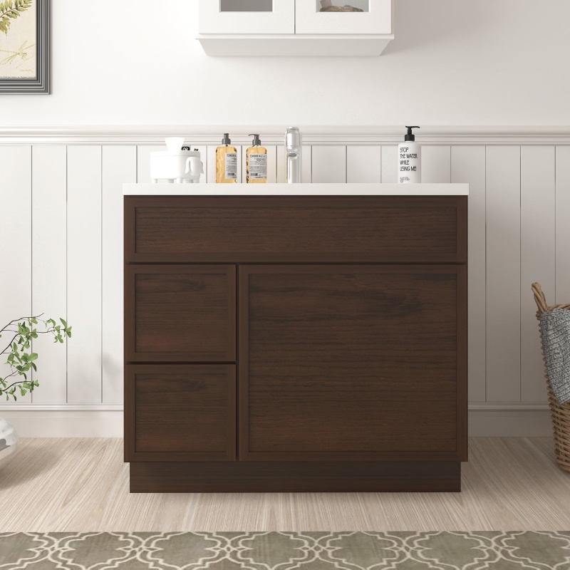 Cvj Brown Solid Wood Left Drawer Bathroom Cabinet - 36" X 21" X 32.5" - Brown