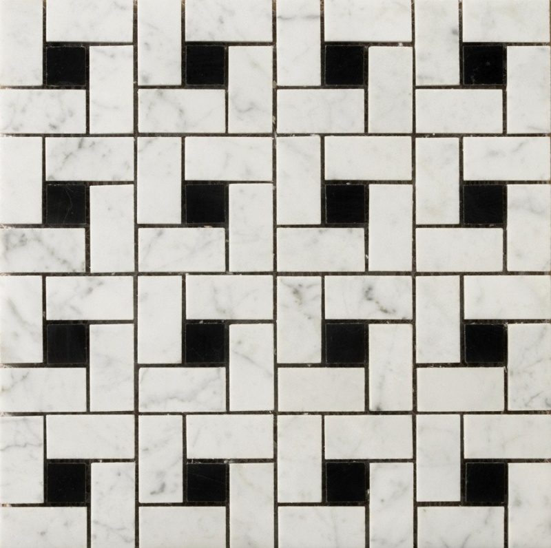 Bianco Gioia / Black Marble Mosaic - Pinwheel - Honed