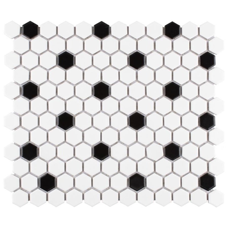 Madison Cool White With Black Dot Porcelain Mosaic - 1" Hexagon - Matte