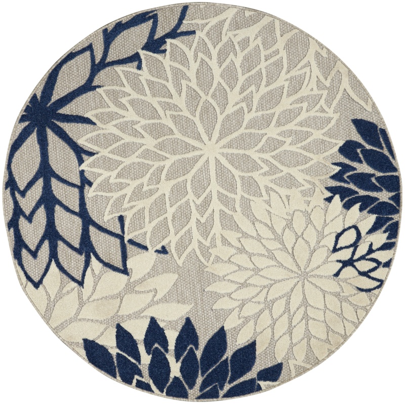 Ivory / Navy Polypropylene Tropical Area Rug, 5 Ft Round