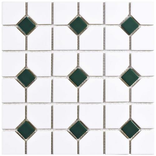 Oxford White With Green Dot Porcelain Mosaic - 11 1/2" X 11 1/2" - Matte