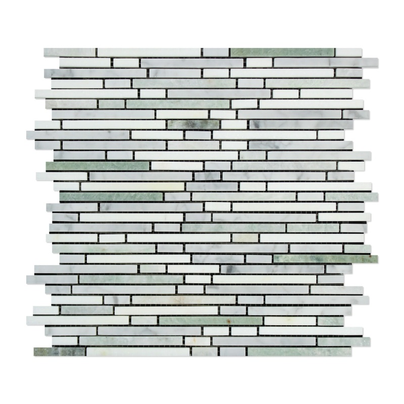 Thassos White Marble Mosaic - Bamboo Sticks With Carrara & Ming Green