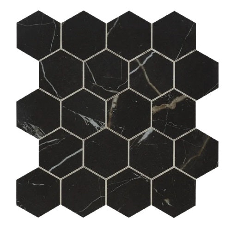 Marvel Black Atlantis Porcelain Mosaic - 2 1/8" Small Hexagon - Matte