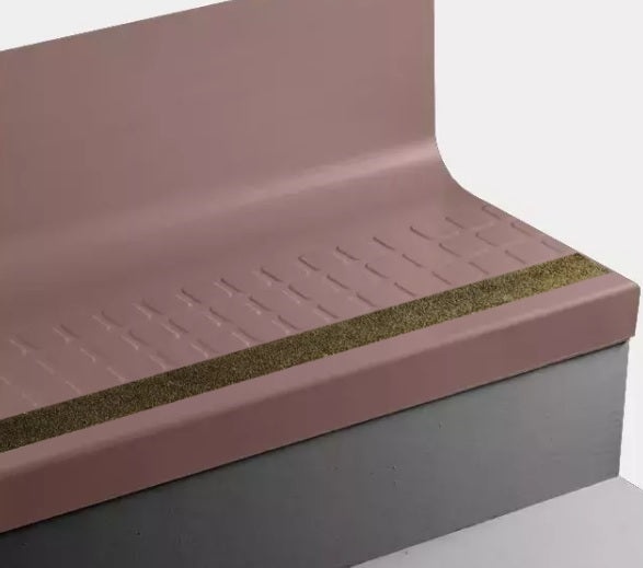 Johnsonite Red Clay Raised Square Rubber Stair Tread with Riser, 19" x 54" Angle Fit, Tan Grit Tape
