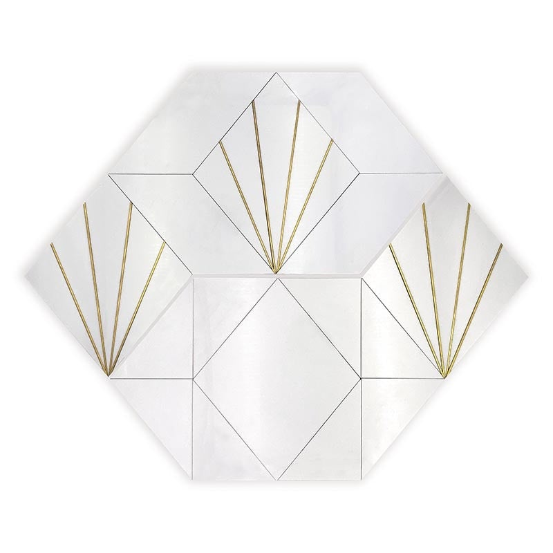 Skalini Line Waterjet Eastern White / Brass Metal & Stone Mosaic - Rockefeller White Crown - Polished