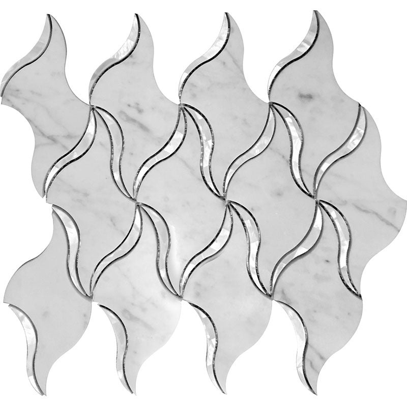 Skalini Line Waterjet Carrara White Marble & Shell Mosaic - Coastal Ribbon - Polished