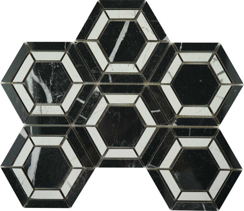 Marquina B/W Double Porcelain Mosaic - 4" X 4" Hexagon - Polished