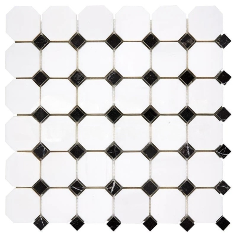 Bianco Dolomite Marble Mosaic - Octagon With Black Dots