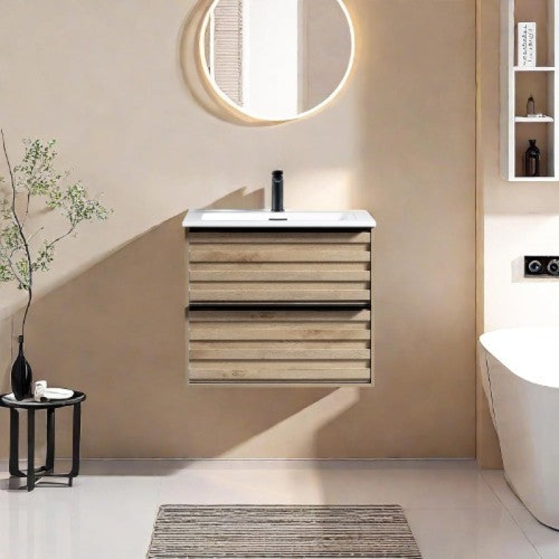 Oak Wall Mounted Bathroom Vanity with Ceramic Top