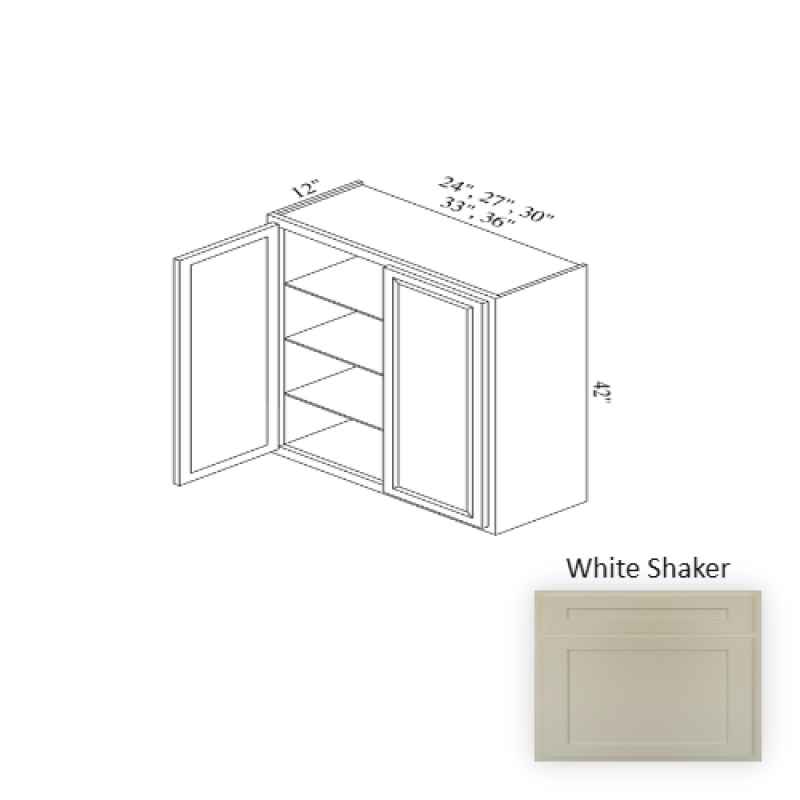 W2742 White Shaker Wood Kitchen Wall Cabinet - 27" X 42" X 12" (Assembly Required) - White Shaker