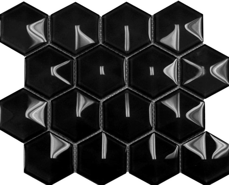 Dimension Black Glass Mosaic - 3" x 3" Hexagon - Glossy