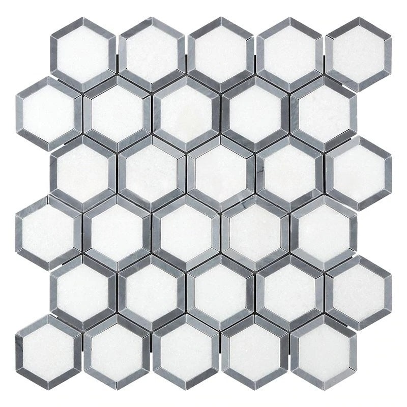 Thassos White Marble Mosaic - 2" X 2" Vortex Hexagon With Blue/Gray