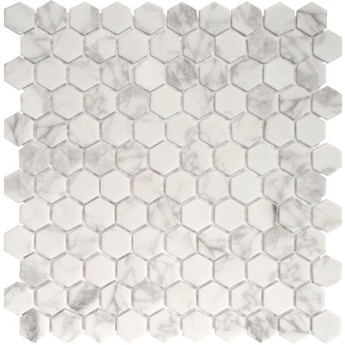 Onix Hex Blends Statuario Malla Glass Mosaic