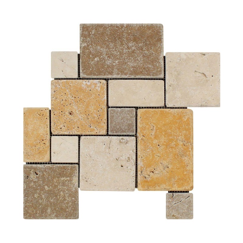 3 Color Mixed Travertine Mosaic - Opus Mini Pattern - Tumbled