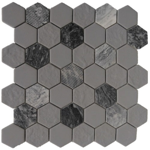 Rock Art Gray Granite Stone & Glass Mosaic - Hexagon - Polished & Matte