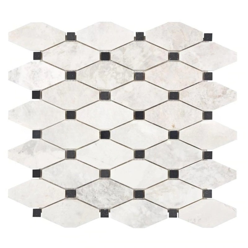 Bianco Congelato Dolomite Mosaic - Elongated Octagon With Black Dots - Leather