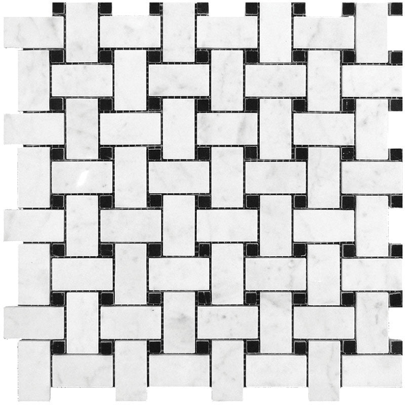 Marbella Bianco Carrara / Eastern Black Marble Mosaic - Plaza Nero - Polished