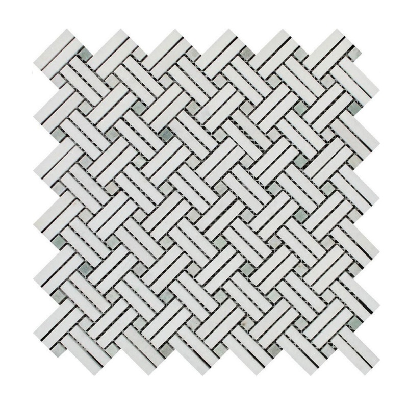 Thassos White Marble Mosaic - Stanza With Ming Green Dots