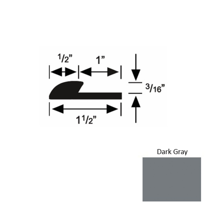 Solid 34 Dark Gray Rubber Underlap Carpet Edge - 1 1/2" X 9 Ft (108") X 3/16"