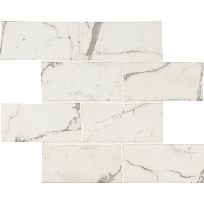 Statuario Celano White Glass Mosaic - 3" X 6" Brick - Glossy