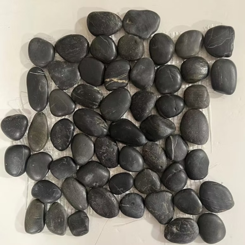 Black Pearl Interlocking Round Pebble Mosaic - 12" X 12" - Polished