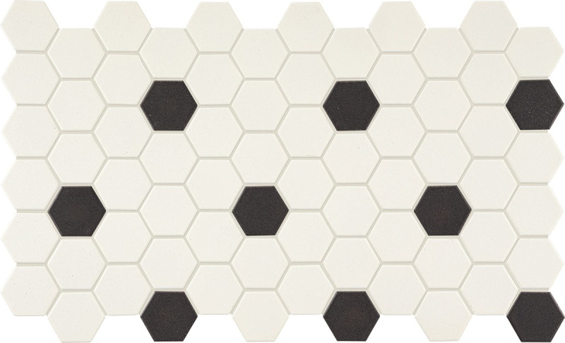 Keystone Blends Arctic White & Black Dots Porcelain Mosaic - 2" Hexagon - Matte