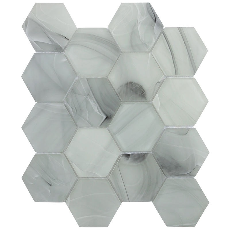 Cloud 9 Gray Glass Mosaic - 2.6" X 2.6" Hexagon - Glossy