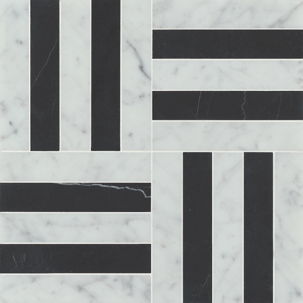 Matisse White Carrara & Nero Marquina 2 Marble Mosaic - Geometric - Honed