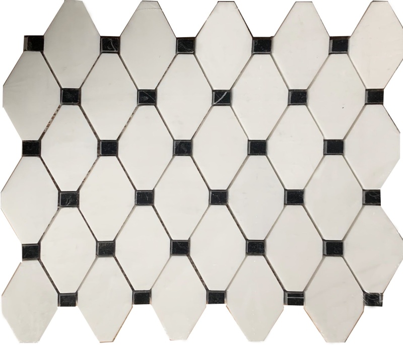 Bianco Dolomite Marble Mosaic - Elongated Octagon With Black Dots