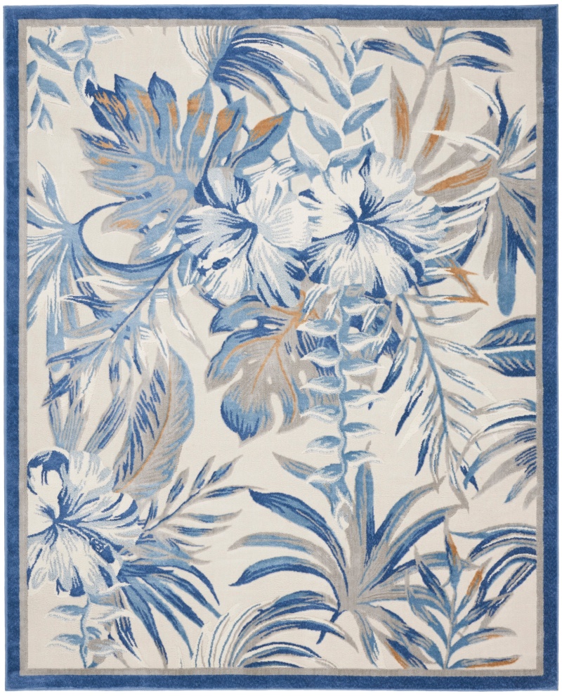 Ivory Blue Polypropylene Tropical Area Rug