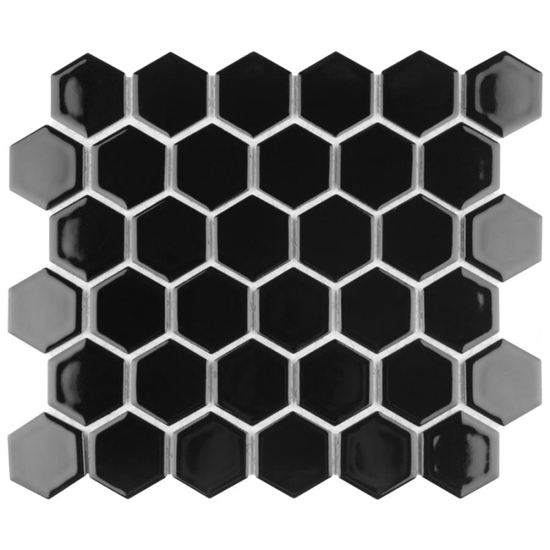 Hudson Due Black Porcelain Mosaic - 2" x 2" Hexagon - Glossy