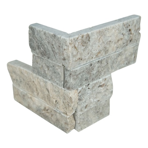 Rockmount Stacked Stone M Panel Silver Mini Travertine Ledgestone Corner - Split Face - 4 1/2" X 9", Per Pack: 8 Enter Quantity In Pcs