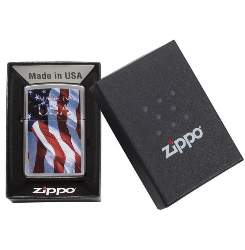 Zippo Windproof Lighter Made In Usa Flag, High Polish Chrome Finish
