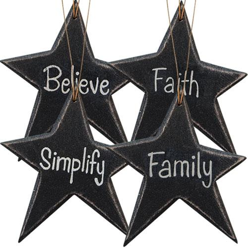 Distressed Black Star Word Ornaments - 4/Set