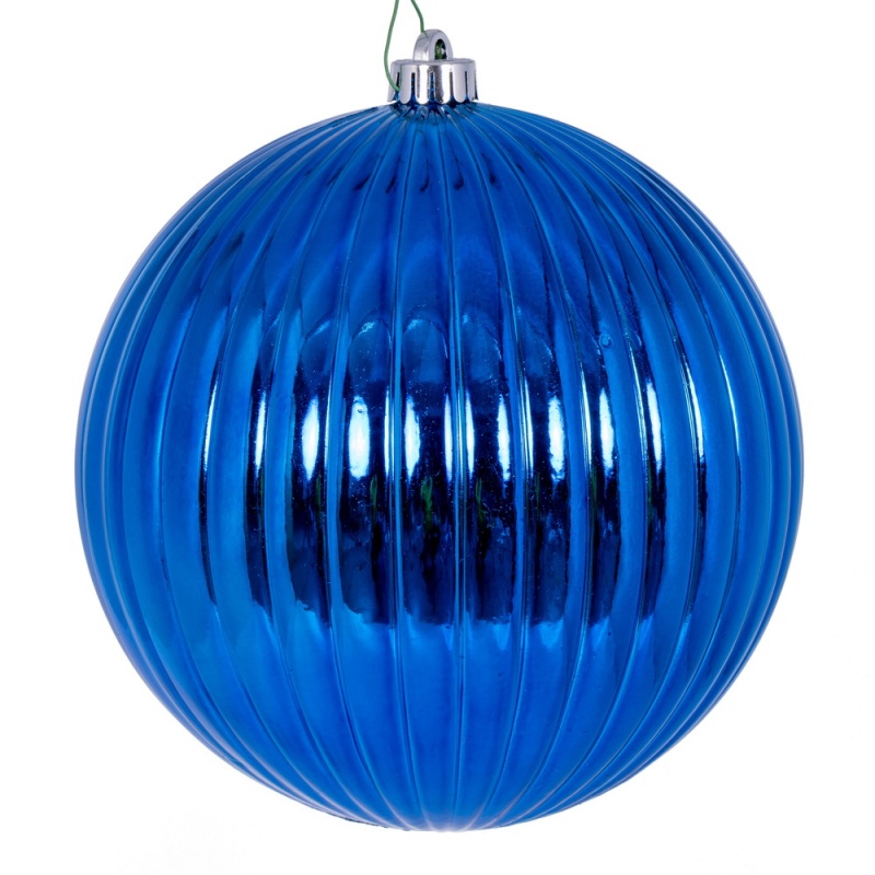 8" Blue Shiny Lined Ball Ornament
