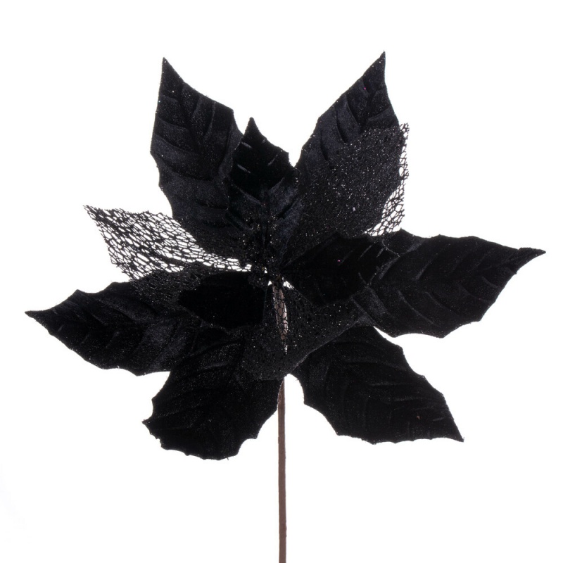 11" Black Glitter Mesh Poinsettia 6/Bg