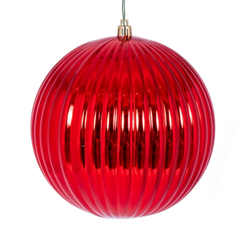 6" Red Shiny Lined Ball Ornament 4/Bg