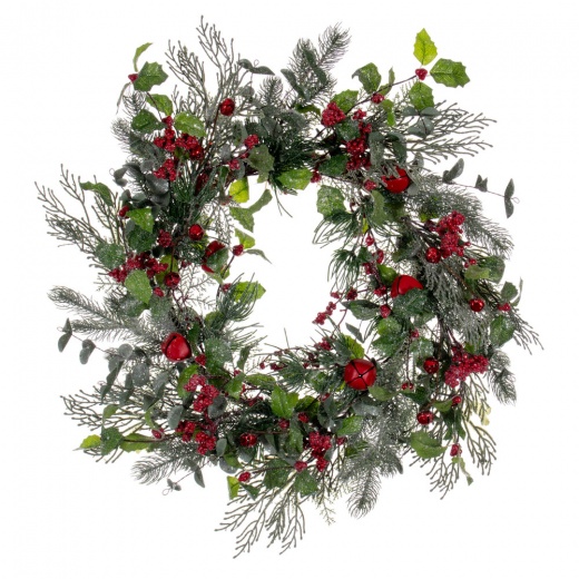 24" Green Artificial Holly Pine and Red Jingle Bell Wreath