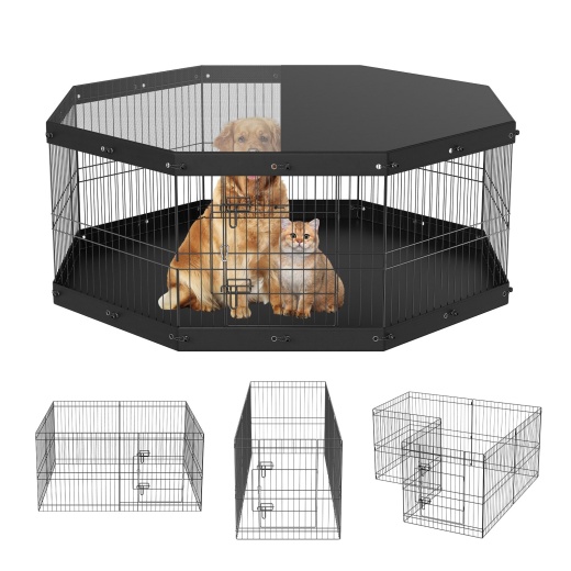 Vevor Dog Playpen - 8 Panels Foldable Metal Dog Exercise Pen with Top Cover and Bottom Pad