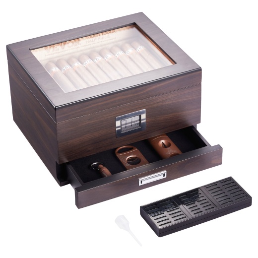 Vevor 50 Cigar Humidor - Glasstop Cedar Cigar Box with Humidifier & Hygrometer