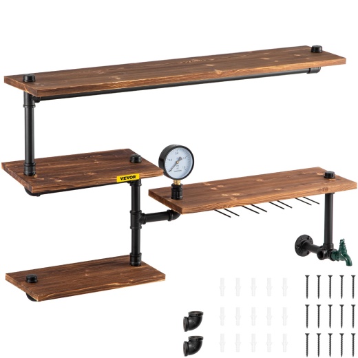 Vevor Iron Pipes Shelving, Industrial Steel Pipe Shelf with 4-Tier Wood Planks